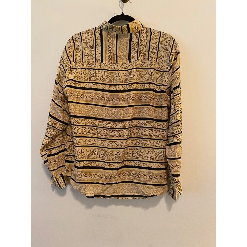 Stunt Silk Blouse Button Front Black & Tan Stripes Swirl Print Large - Picture 2 of 8